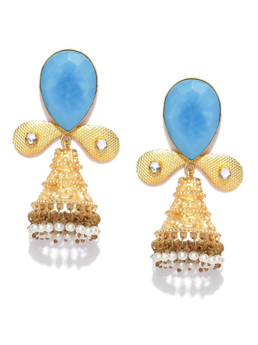 YouBella Blue Gold-Plated Teardrop Shaped Jhumkas